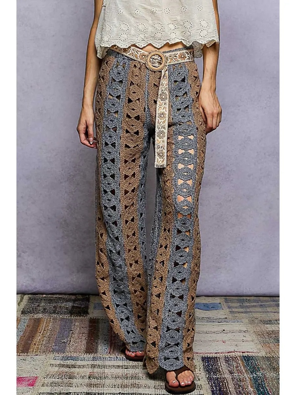 POL Patterned Crochet Wide Leg Pants With Built In Shorts